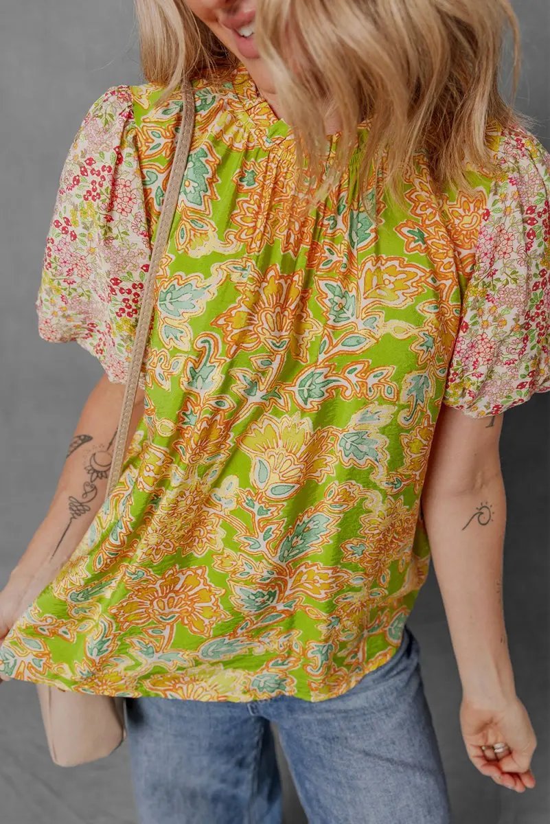 Multicolour Printed Contrast Bubble Sleeve Patchwork Blouse - Love Salve